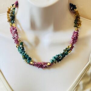 Stauer Tourmaline Watermelon necklace Beads Stone Statement Italy 925 Sterling